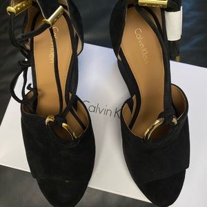 Wedge, ankle tie with gold hardware sandals